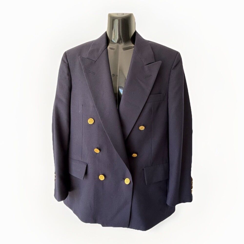 Vintage Nordstrom Plus One Mens 38S Navy Wool Double Breasted Blazer USA